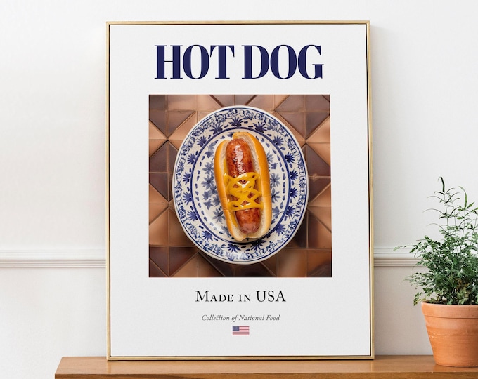 Hot Dog on Maiolica Tile Plate Art Print, American Foodie Decor
