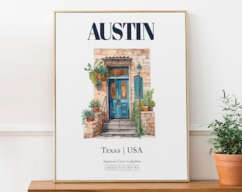 Austin Texas Watercolor Door Print, Minimalist Dorm Decor