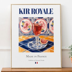 Kir Royale on Maiolica tile, French Traditional Beverage Print Poster, Kitchen and Bar Wall Art
