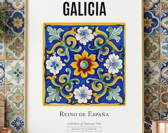 Impressão de arte em azulejo da Galiza, Espanha, decoração de parede de arte popular.