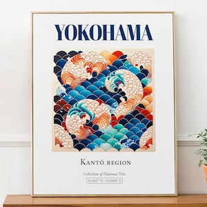 Yokohama, Japan, Aesthetic Minimalistic Traditional Tile, Wall Art Print Poster, Bathroom Wall Art