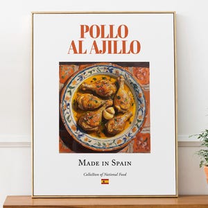 Impression Pollo al Ajillo, affiche traditionnelle espagnole de poulet à l'ail