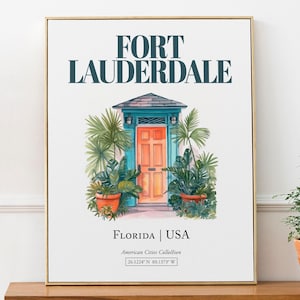 Fort Lauderdale, Florida, USA, Aesthetic Minimalistic Watercolor Traditional Door, Wall Art Décor Print Poster, Living Room Decor
