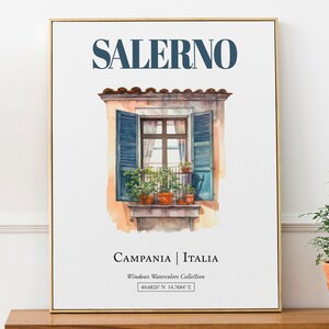 Salerno (Kampanien, Italia) Reisedruck Poster, traditionelle Fenster Aquarell Illustration Wandkunst, Italien Liebhaber Geschenk