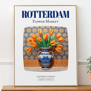 Mercado de flores de Rotterdam (Zuid-Holland, Países Bajos), ramo de tulipanes en jarrón de mayólica, póster impreso sobre pared