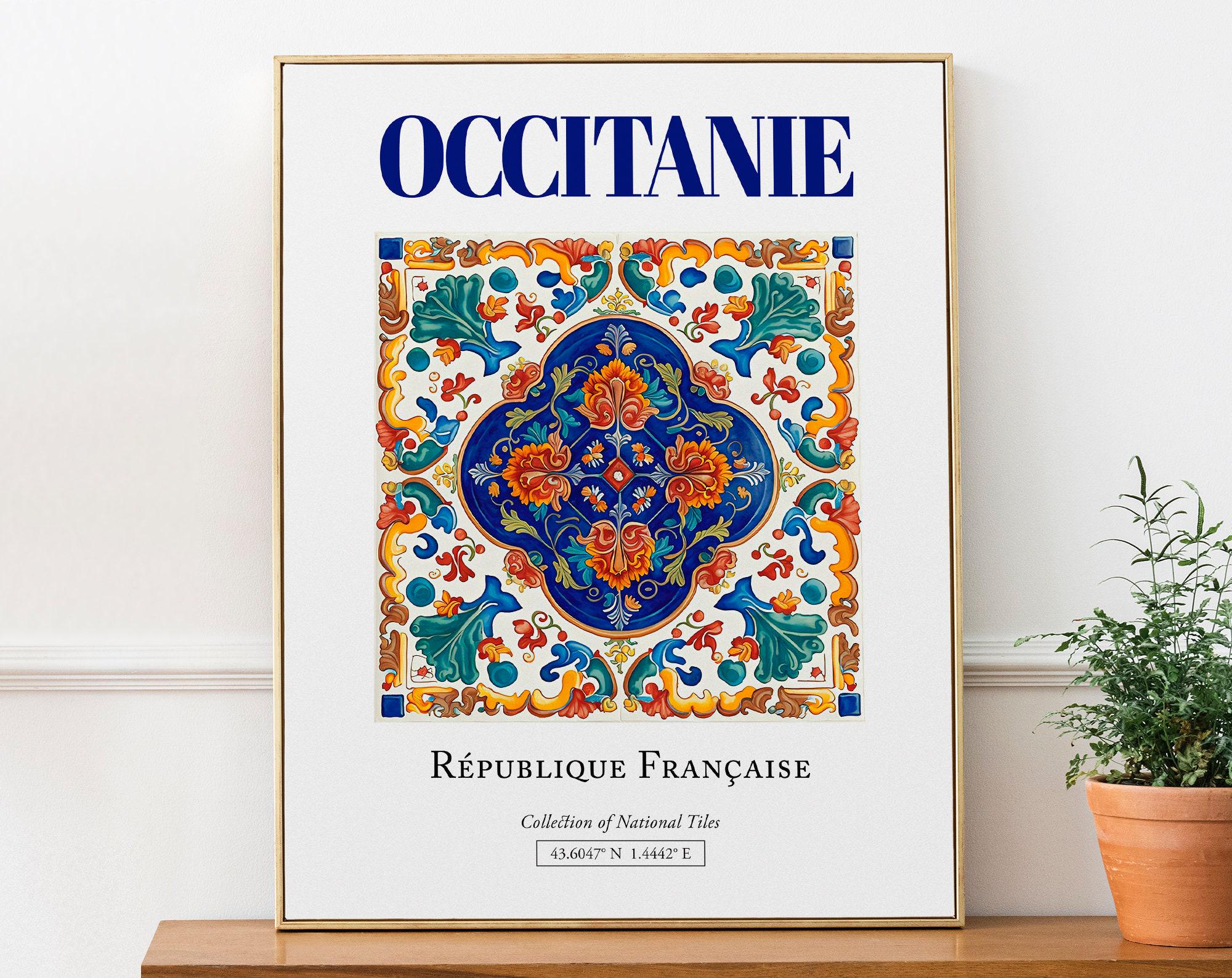 Occitanie, France, Aesthetic Minimalistic Traditional Tile, Wall Art Décor Print Poster, Living Room Poster