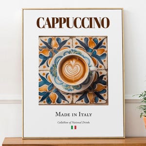 マヨリカタイルのカプチーノ、イタリアの伝統的な飲料のプリントポスター、キッチンとバーの壁アート