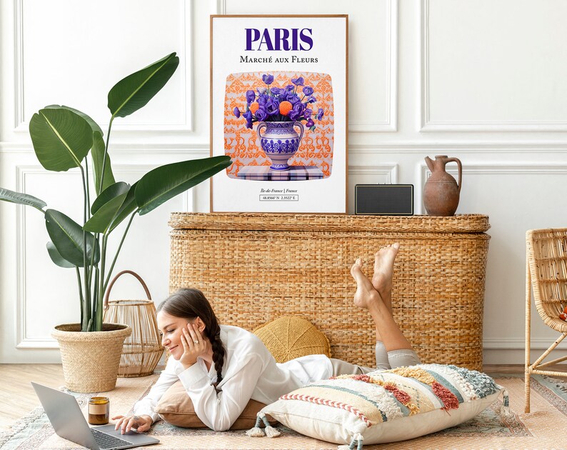 Paris Île-de-France, France Marché aux Fleurs, Violet Bouquet in Maiolica Vase Wall Art Print Poster image 5