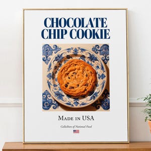 Chocolate Chip Cookie on Maiolica tile plate, Traditional American Food Wall Art Print Poster, Kitchen and Café Decor, Food Lover Gift