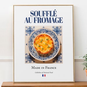 Soufflé au Fromage on Maiolica tile plate, Traditional French Food Wall Art Print Poster, Kitchen and Café Decor, Foodie Gift