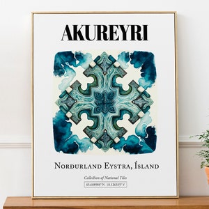 Akureyri, Norðurland Eystra, Islande, motif de carrelage traditionnel mural esthétique Art déco impression affiche