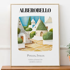 Alberobello, Puglia, Italia, motivo tradizionale di piastrelle con trulli, stampa poster decorativo da parete estetico