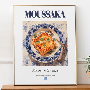 Moussaka on Maiolica tile plate, Traditional Greek Food Wall Art Print Poster, Kitchen and Café Decor, Foodie Gift