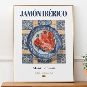 Jamón Ibérico on Maiolica tile plate, Traditional Spanish Food Wall Art Print Poster Foodie Gift Kitchen Wall Art