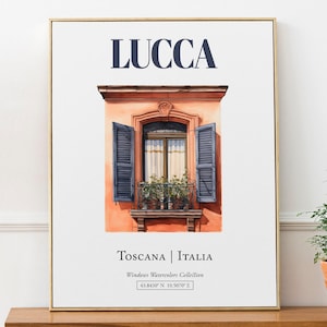 Lucca (Toscana, Italia) reisposter, traditionele raam aquarel illustratie wanddecoratie, Italië minnaar cadeau