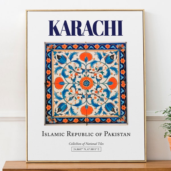 Karachi, Pakistan, Aesthetic Folk Traditional Tile, Wall Decor Print Poster, Living Room Art