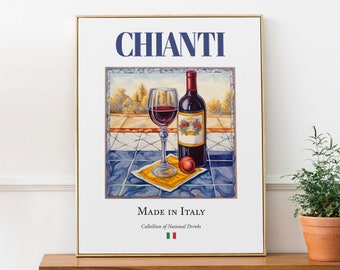 Chianti Glass on Maiolica tile, Italian Traditional Beverage Print Poster, Kitchen and Bar Wall Art