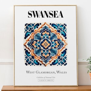 Swansea, West Glamorgan, Wales, Traditional Tile Pattern Aesthetic Wall Art Decor Print Poster