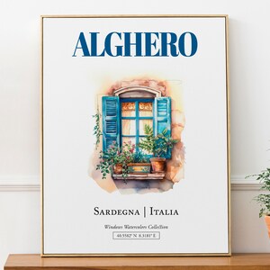 Alghero (Sardegna, Italia) Reisedruck Poster, traditionelle Fenster Aquarell Illustration Wandkunst, Italien Liebhaber Geschenk