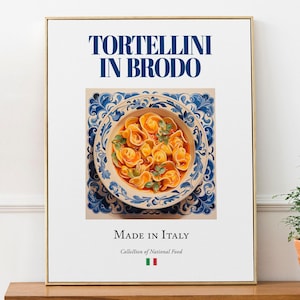 Tortellini in Brodo on Maiolica tile plate, Traditional Italian Food Wall Art Print Poster, Kitchen and Café Decor, Foodie Gift