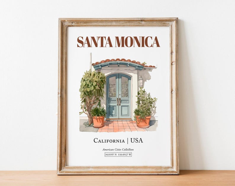 Santa Monica Watercolor Print, Minimalist Entrance Door Wall Art image 8