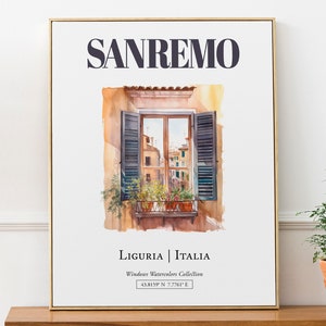 Sanremo (Ligurien, Italien) Reisedruck Poster, traditionelle Fenster Aquarell Illustration Wandkunst, Italien Liebhaber Geschenk