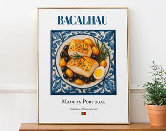 Bacalhau Azulejo Tile Print, Portugal Food Poster, Kitchen Wall Art