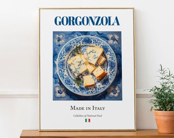 Gorgonzola on Maiolica tile plate, Traditional Italian Food Wall Art Print Poster, Kitchen and Café Decor, Foodie Gift