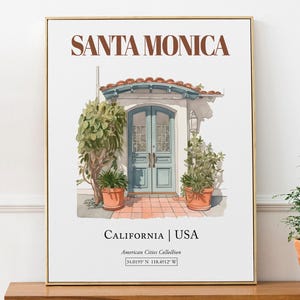 Santa Monica, California, USA, Porta d'ingresso minimalista ed estetica con acquerello, Poster decorativo da parete, Decorazione da parete per soggiorno