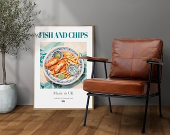 Lámina artística de pescado y patatas fritas, póster de comida tradicional inglesa, decoración de cafetería y cocina