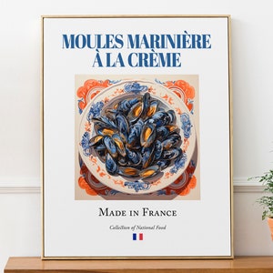 Moules Marinière à la crème on Maiolica tile plate, Traditional French Food Wall Art Print Poster, Kitchen and Café Decor, Foodie Gift