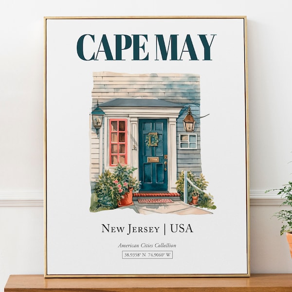 Cape May, New Jersey, USA, Aesthetic Minimalistic Watercolor Traditional Door, Wall Art Décor Print Poster, Living Room Wall Decor