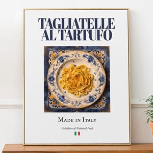 Tagliatelle al Tartufo on Maiolica tile plate, Traditional Italian Food Wall Art Print Poster Foodie Gift Kitchen Wall Art