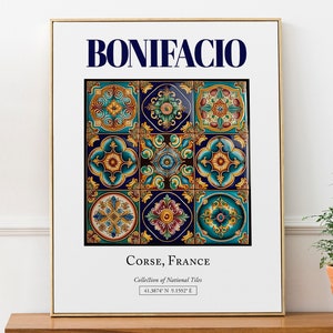 Bonifacio, Corse, France, carrelage traditionnel folklorique esthétique, affiche imprimée de décoration murale, oeuvre d'art pour le salon