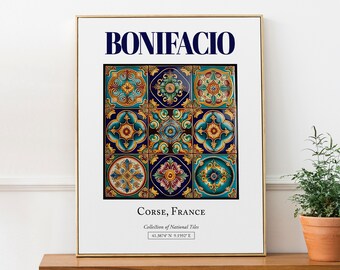 Bonifacio, Corsica, Frankrijk, esthetische folkloristische traditionele tegel, muurdecor print poster, woonkamerkunst