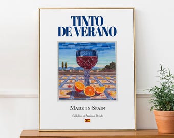 Tinto de Verano on Maiolica tile, Spanish Traditional Beverage Print Poster, Kitchen and Bar Wall Art