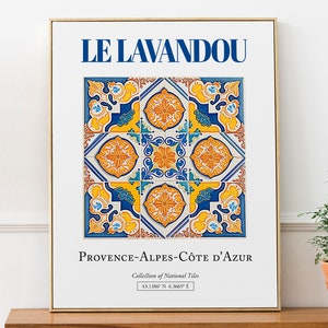 ル・ラヴァンドゥー、プロヴァンス・アルプ・コート・ダジュール、フランス、美的フォーク伝統タイル、ウォールアート装飾プリントポスター、リビングルームの装飾