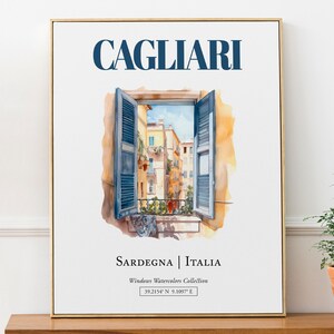 Cagliari (Sardegna, Italia) Reisedruck Poster, traditionelle Fenster Aquarell Illustration Wanddekoration, Italien Liebhaber Geschenk