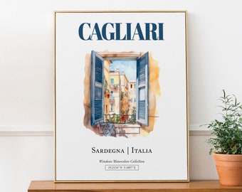 Cagliari (Sardegna, Italia) Travel Print Poster, Traditional Window Watercolor Illustration Wall Décor, Italy Lover Gift