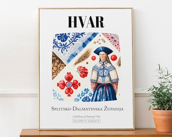 Hvar Croatia Print, Folk Costume Tile Pattern Wall Decor