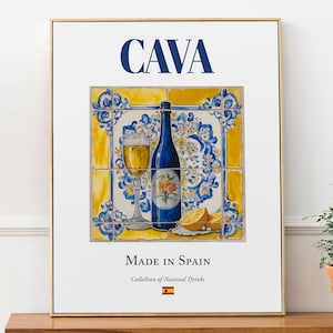 Póster con impresión de cava sobre baldosas de mayólica, bebida tradicional española, decoración de pared para cocina y bar