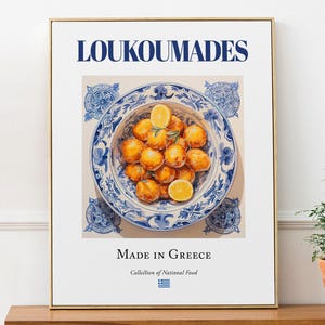 Loukoumades on Maiolica tile plate, Traditional Greek Food Wall Art Print Poster, Kitchen and Café Decor, Foodie Gift