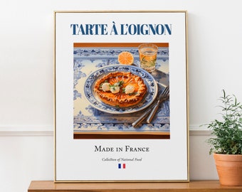 Tarte à L'oignon on Maiolica tile plate, Traditional French Food Wall Art Print Poster, Kitchen and Café Decor, Foodie Gift