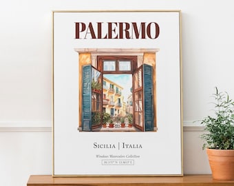 Impresión de viaje de Palermo, Italia, ventana tradicional, arte mural en acuarela