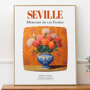 Sevilla (Andalucía, España) Mercado de las Flores, Ramo de claveles en jarrón de mayólica Póster impreso sobre pared