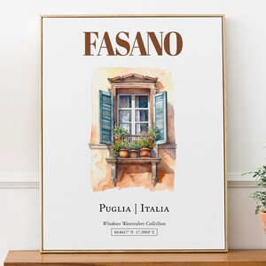 Fasano (Puglia, Italien) Reisedruck Poster, traditionelle Fenster Aquarell Illustration Wandkunst, Italien Liebhaber Geschenk