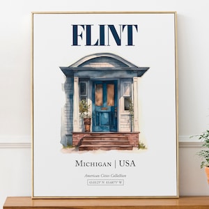 Flint, Michigan, USA, Aesthetic Minimalistic Watercolor Door, Wall Art Print Poster, Living Room Wall Art image 1