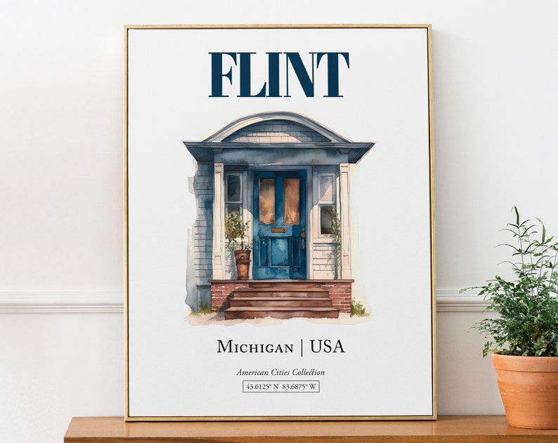 Flint, Michigan, USA, Aesthetic Minimalistic Watercolor Door, Wall Art Print Poster, Living Room Wall Art image 1
