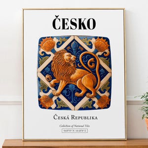 Česko, Česká Republika (Czech Republic), Tile with Heraldic Yellow Lion Aesthetic Wall Art Print Poster