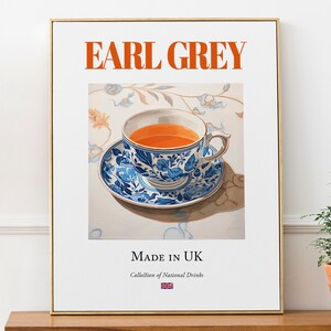 Earl Grey su piastrelle di maiolica, tradizionale bevanda inglese (bevanda) Poster stampato, arte murale per cucina e bar